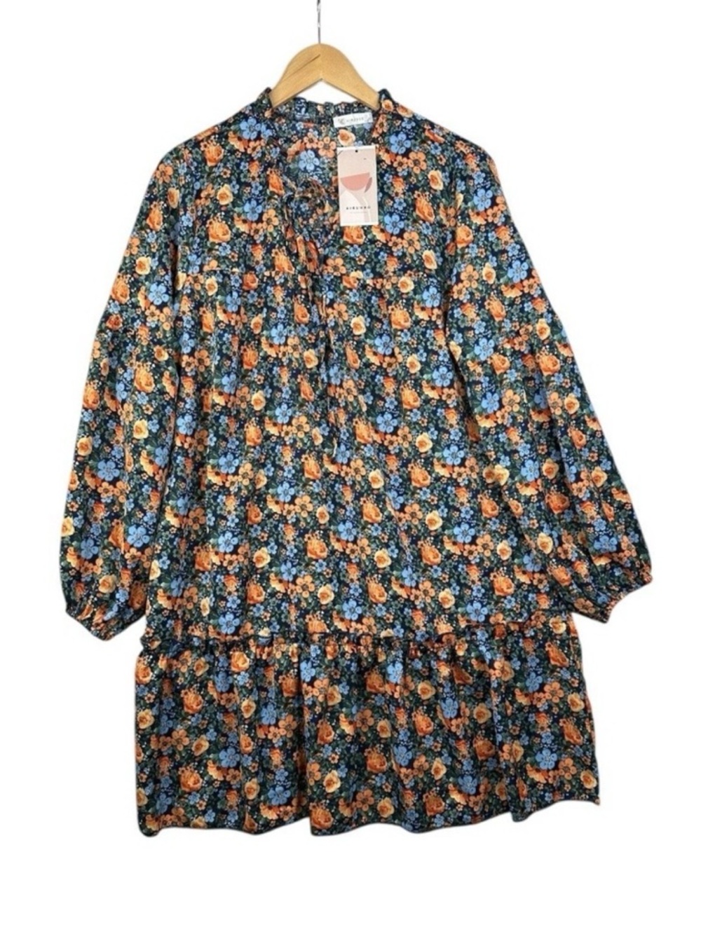 KIRUNDO Floral Ruffle Dress in Navy with Orange & Blue Flowers